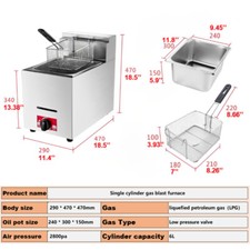 6L Commercial Gas LPG Fryer Stainless Steel Catering Frying Tool Single Tank New