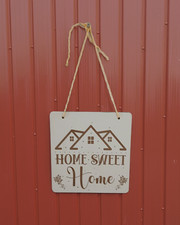 Home Sweet Home and Floral White Wood Sign. 210mm x 200mm x 3mm. Cord + Tape.