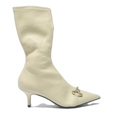 CHARLES & KEITH Womens Pointed Toe Kitten Heel Boot Ivory Leather UK 3 Stylish
