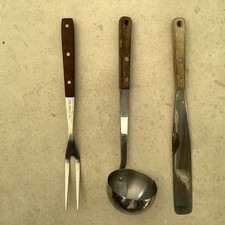 3 Prestige Brown Wooden Handled Kitchen Utensils Spreader, Meat Fork & Ladle