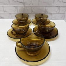 Vintage Arcopal France Coffee Set 5 Cups Saucers Brown Smoky Glass Durable