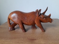 Vintage Carved Wooden Rhinoceros Figurine Hand Crafted African Decor Rhrino Wood