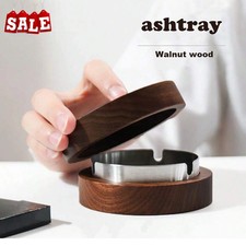 Wooden Ashtray With Lid Stainless Steel Liner Windproof Tabletop Cigarettes Tray