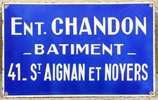 Old French enamel building sign plaque Chandon Construction St Aignan et Noyers