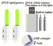 2 X Green Fishing Rod Tip Lights- Night Fishing-USB Charger & Batteries