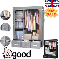 HFICY Fabric Portable Wardrobe with 3 Fabric Drawers, Hanging Rail,silver gray