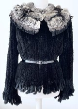 LUXURY Black Knitted Real Rabbit Fur Jacket Grey Fur Feather Collar Size Medium