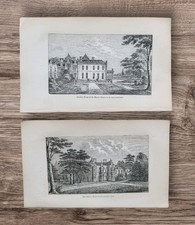 Pair Small Antique 1850s British Country Manor House Book Engraving Lithographs