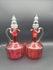 Pair Of Beautiful Antique Victorian Cranberry Glass Water Ewers Decanters