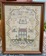 Vintage 90s Sampler Cross Stitch with House & Animals - Framed 12.5ins x 15.5ins