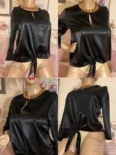 VINTAGE Black Oily LIQUID SATIN Sexy Secretary GOVERNESS Mistress Shirt BLOUSE L