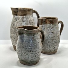 British Studio Pottery Trio of Jugs Graduating Handcrafted Brown Glaze Signed