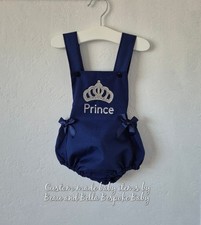 Romany Babies Prince Romper 0-3 Months Rhinestone Crown Navy Blue Bows Bling
