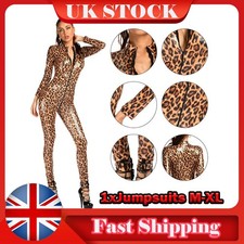 Women's Sexy Leopard Print Zipper Long Sleeve Catsuit Leotard Jumpsuit S/M/XL