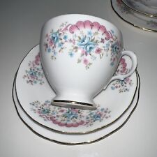 24*GAINSBOROUGH English Bone China Tea set. 6 Trios.  Pink/ Blue On White 1970's