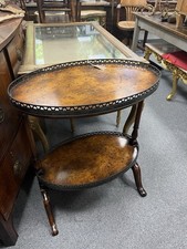 Very Fine Burr Walnut Oval Two Tier Etagere Side Lamp Table with Bronze Gallery