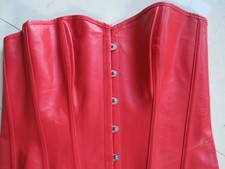 RED BASQUE Sz XLL FAUX LEATHER LACE UP CORSET BONED CAMP BUSTIER STEAMPUNK