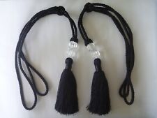 Pair (2) Black Tassel Curtain Tie Backs - Rope & Clear Cut Glass Bead Tieback