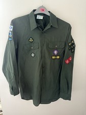 Vintage 1980s Boy Scouts green uniform shirt with badges + Scout Record Book 