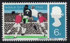 GB, QEII, 1966 WORLD CUP, 6d ORDINARY, BLACK SHIFT TO LEFT, UNMOUNTED MINT.