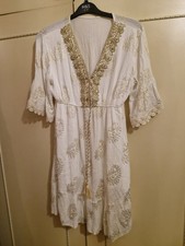 White/Gold knee length boho dress with 3/4 sleeves & frill hem/cuffs 12/14 BNWOT