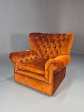 1970s Buttoned Wing Back Lounge Chair Burnt Orange Velour Retro EB10630 MNOR