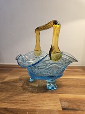 Beautiful Victorian Blue Pressed Grape Trifold Bowl Basket Claw Feet Twist Amber