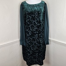 Laura Ashley Velvet Devore Shift Dress  UK 20 Green Chiffon Sleeves Party