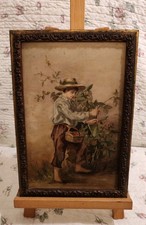 ANTIQUE OIL ON BOARD PAINTING YOUNG BOY PICKING BERRIES GILTWOOD FRAME