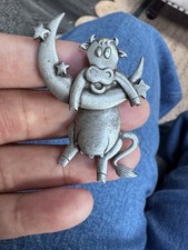 Vintage JJ Jonette Cow Jumps Over Moon Pewter Brooch Pin Signed Articulated