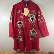 NWT Indigo Moon QVC Red Cotton Floral Embroidered Floral Jacket & Matching Shirt