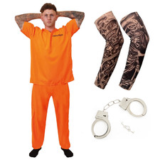 MENS PRISONER CONVICT COSTUME FANCY DRESS ORANGE HANDCUFFS SLEEVES HALLOWEEN