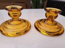 PAIR VINTAGE BAGLEY FILEY AMBER BROWN GLASS ROUND CANDLESTICKS CANDLE HOLDERS