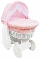 White Wicker Wheels Crib/baby Moses Basket + Complete Bedding Pink/dimple
