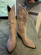 Ladies Khaki Embroidered Cowboy Boots Size 7.5 Block Heel Pull On