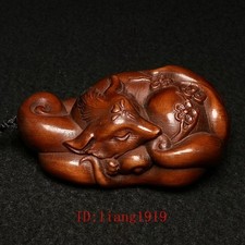 2.7 Inch Old Japanese boxwood hand carved lovely fox Statue Netsuke Decoration