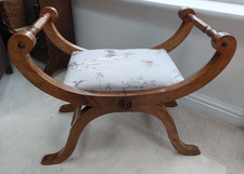 Vintage French X frame window seat,  boudoir stool, padded bowed