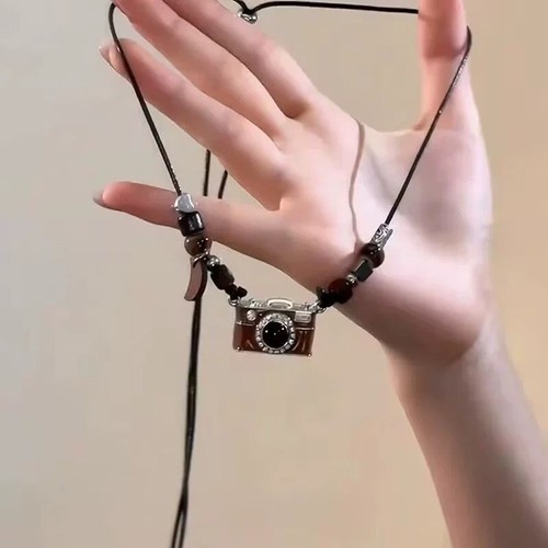 Wax rope necklace retro - rope, camera