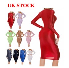 UK Womens Glossy Pencil Dress Long Sleeve Round Neck Bodycon Dress Clubwear