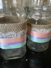 Decorated Jars With Hessian, Lace And Coloured Ribbon (peach, Lilac & Mint Green