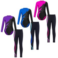 Kids Girls Bodysuit Colorful Leotard Contrast Color Teamwear Shiny Tracksuit