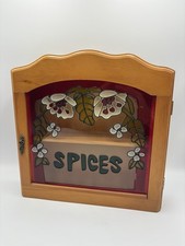 Vintage Wood Spice Rack Cabinet Glass Door Faux Stained Glass 2 Tier Fit 12 Jars