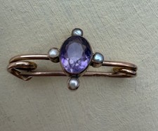 Small Antique 9ct Gold Bar Brooch With Amethyst & 4 Seed Pearls