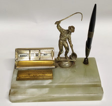 Vintage Azizoff London Onyx Marble Desk Set with Fisherman & Perpetual Calendar