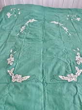 Antique Edwardian Cotton Hand Aplicaqued Bed Cover In Green And White Floral