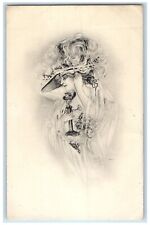 c1910's Pretty Woman Big Hat Feather Telephone Signed Unposted Antique Postcard