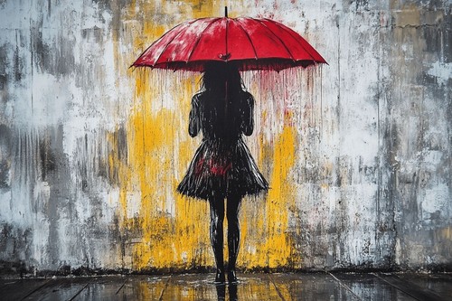 Banksy style red umbrella girl - red,