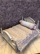 Dolls House 1/12 Scale Miniature Cream Painted Shabby Chic Double Bed & Bedding