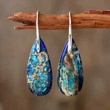 Bohemia Emperor Stone Dark Blue Water Drop Earrings Silver Plated