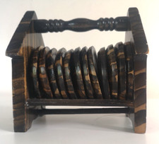 Vintage Wooden Drink Coasters Set of 12 with Storage Rack Tabletop
